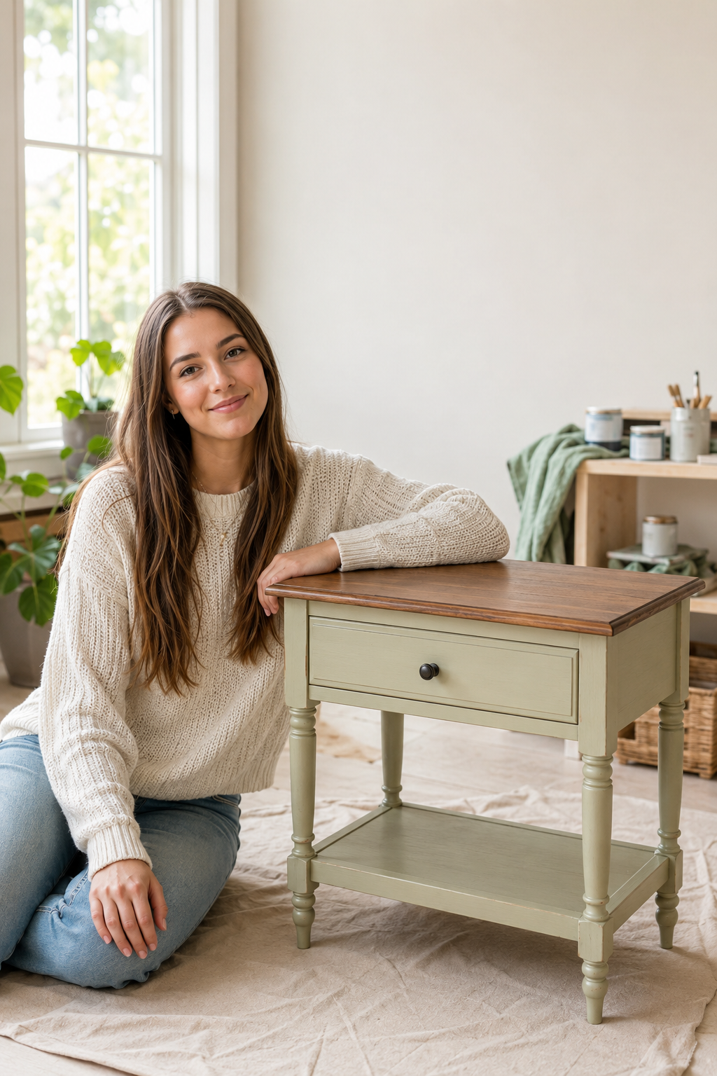 Young woman beside a refinished side table ready to be listed locally